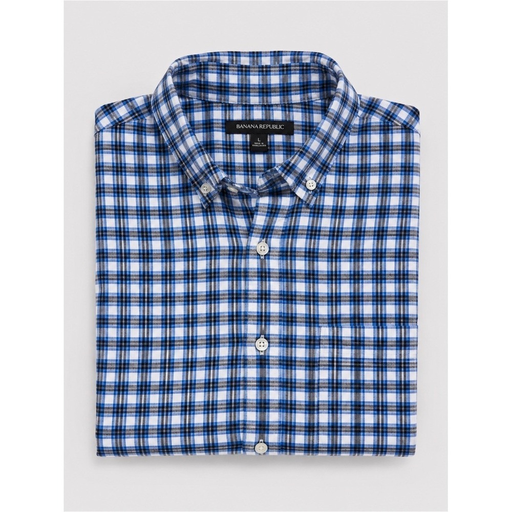 Banana Republic Mens Linen Button Up Shirt Large Preppy Gingham Long Sleeve‎